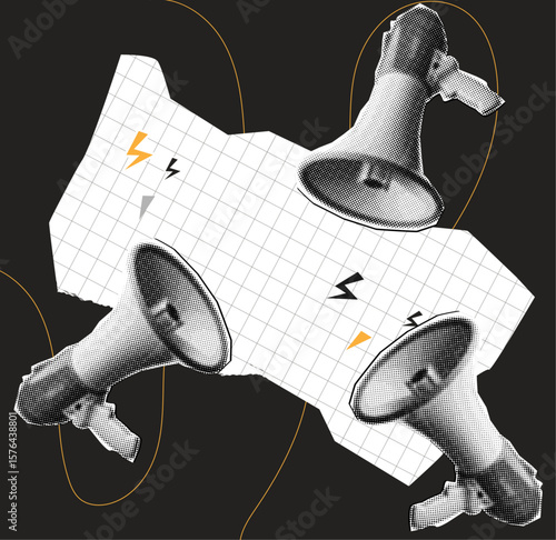 Promotion banner with halftone megaphones and doodles, vintage mixed media design element in trendy magazine style