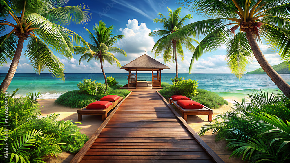 Fototapeta premium Tropical resort beach with palm trees, blue sky, and clear ocean water, a perfect island paradise vacation