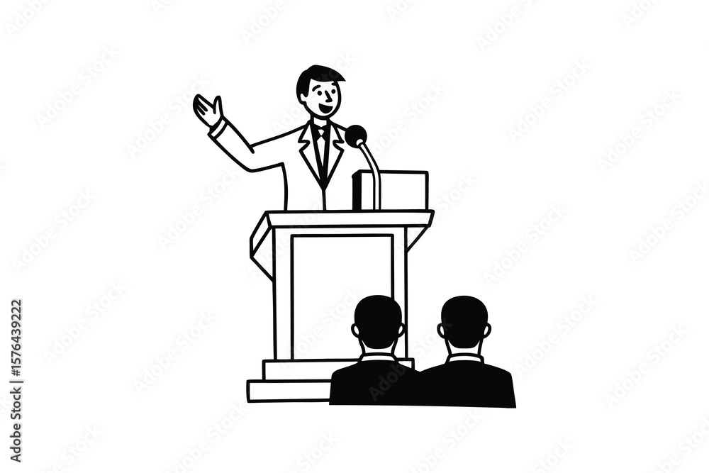 Fototapeta premium Public Speaker Giving a Speech to an Audience Standing at a Podium Illustrated in Silhouette