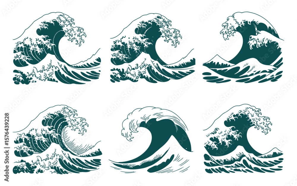 Fototapeta premium Set of Six Hand Drawn Ocean Wave Illustrations in Dark Teal on a White Background for Design Elements and Patterns