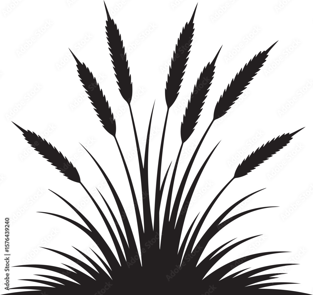 Naklejka premium Black silhouette of wheat stalks and grass blades against a white background