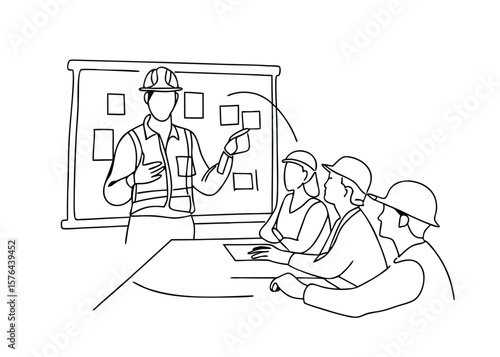 Continuous one line drawing of  Construction worker in hard hat leading a safety training meeting with colleagues
