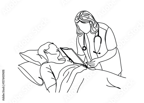 Continuous one line drawing of Nurse examining patient lying in bed 