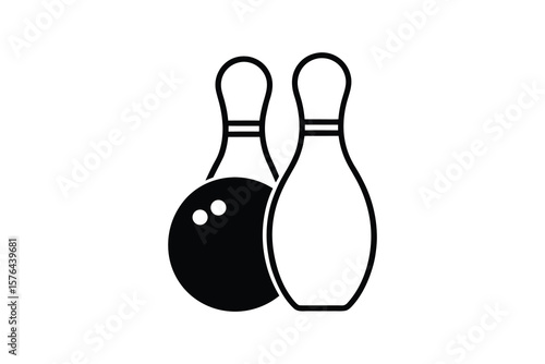 Simple Bowling Ball and Pins Illustration Minimalist Design Black and White Icon Sport and Recreation Silhouette