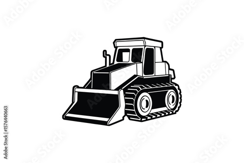 Detailed Bulldozer Illustration Featuring a Front Blade and Track Wheels Rendered in a Striking Black and White Silhouette
