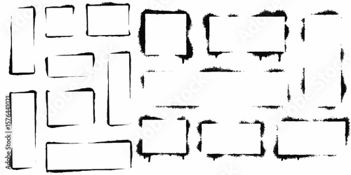 Grunge border frame set, grunge rectangles and circles shapes with spray of splashes and streaks of paint Airbrush ink dot banner. Grunge background. Vector isolated illustration.
