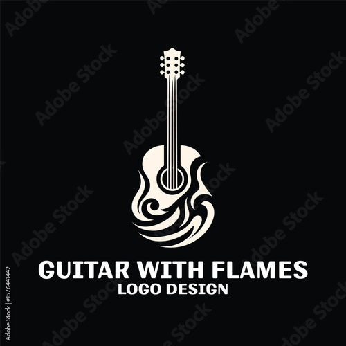Guitar Wth Flames Vector Logo Design 