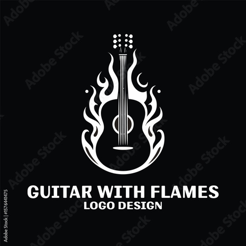 Guitar Wth Flames Vector Logo Design 