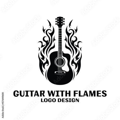 Guitar Wth Flames Vector Logo Design 