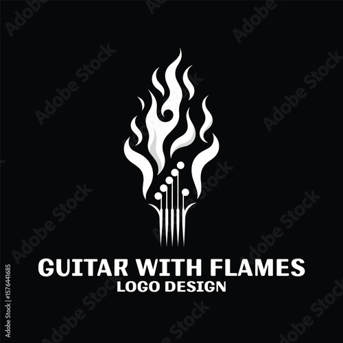 Guitar Wth Flames Vector Logo Design 