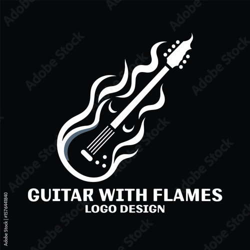 Guitar Wth Flames Vector Logo Design 