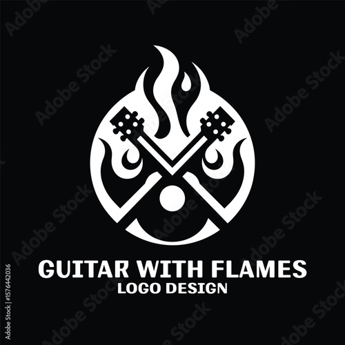 Guitar Wth Flames Vector Logo Design 