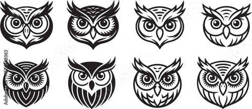 Set of Owl face logos and icons in black and white, wise Bird head mascots collection