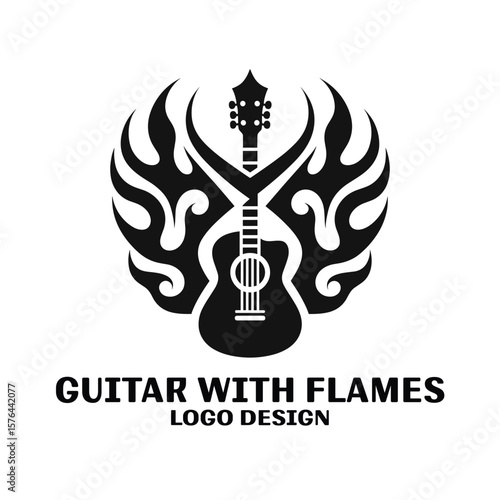 Guitar Wth Flames Vector Logo Design 