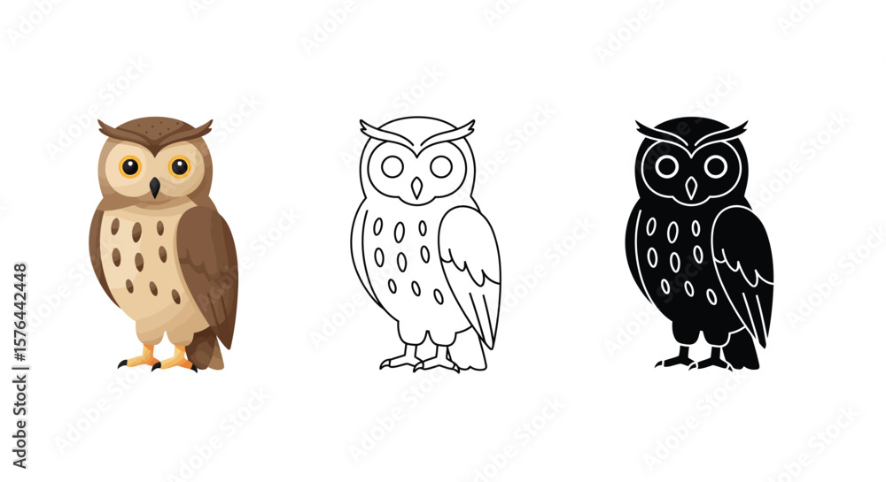Fototapeta premium Owl Illustration in Color Outline and Silhouette Isolated on White Background
