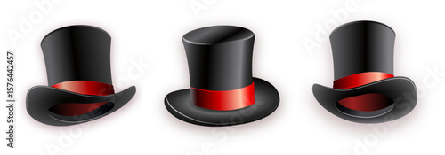 Black cylinder hat with red ribbon. Magic hat.