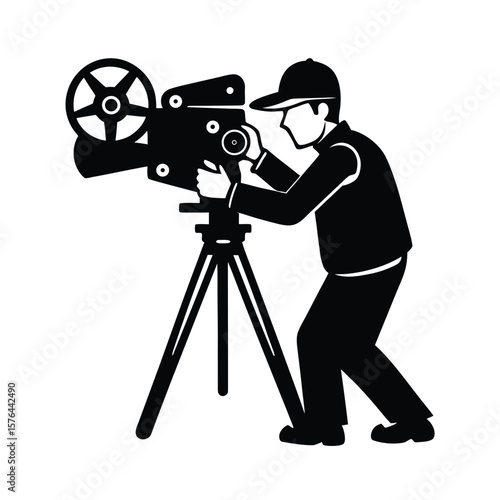 Filmmaker with vintage camera on tripod silhouette vector illustration