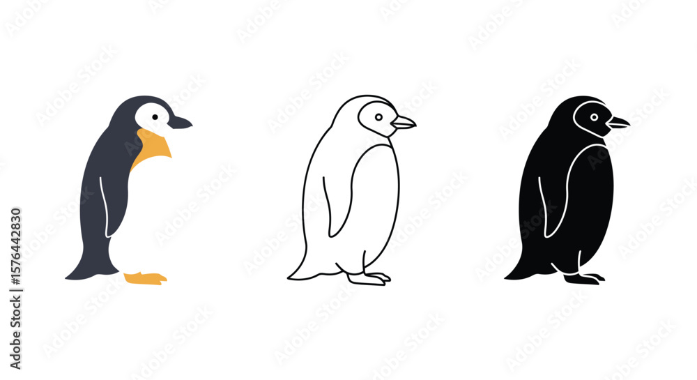 Naklejka premium Penguin Illustration Set Color Outline and Silhouette Styles on White Background