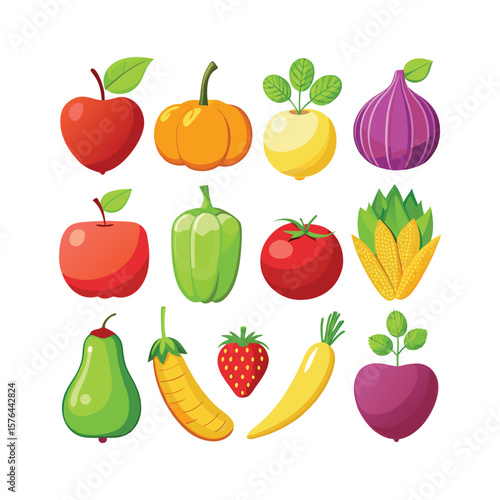Collection of colorful cartoon fruits and vegetables isolated on white background