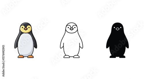 Cute Penguin Cartoon Illustration with Line Art and Silhouette Versions
