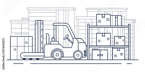 Forklift Truck Line Art in Warehouse – Vector Stroke Style Isolated Illustration

