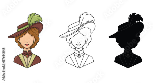 Fotografie Elegant Woman in Hat with Feather Coloring Page Outline and Silhouette
