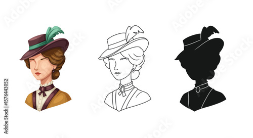 Victorian Lady Illustration Color Line Art and Silhouette for Design Projects