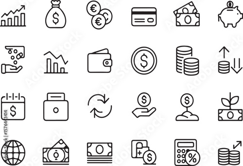 Black and white finance and business icon set for financial transactions and investments