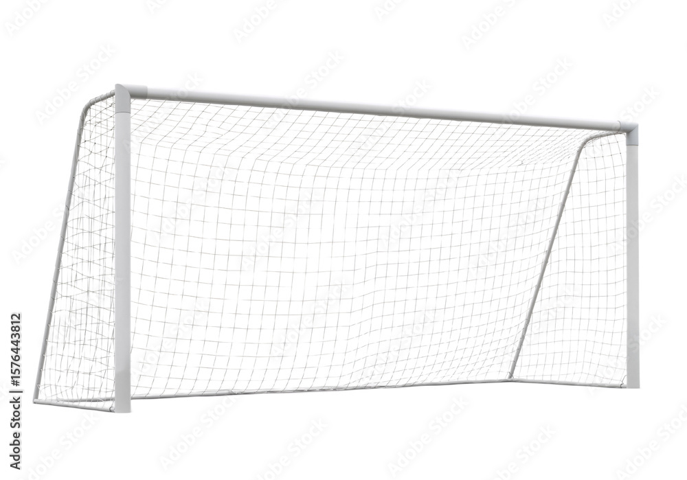 Obraz premium White Soccer Goalpost with Net Against White Background, Symbolizing Sportsmanship, Precision, and Athletic Excitement.