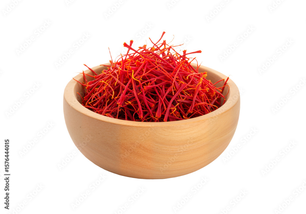 Fototapeta premium Wooden Bowl Filled with Vibrant Red Saffron Threads Isolated on White Background — Culinary and Herbal Luxury