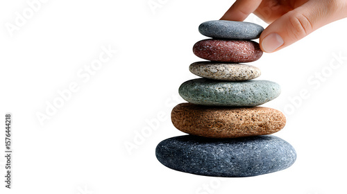 Photography Hand balances a zen stones tower against a transparent background