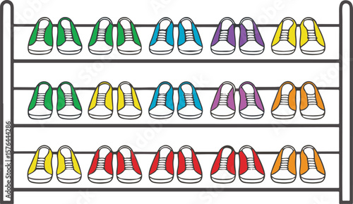 Colorful cartoon sneakers arranged neatly on a shoe rack in a vector illustration