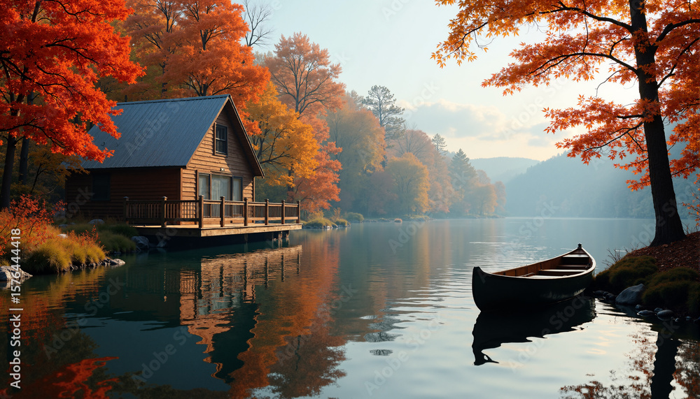 Fototapeta premium s a cabin on a lake surrounded by trees in the fall. The lake is still and calm