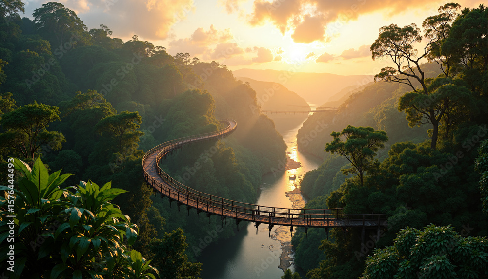 Fototapeta premium s a wooden suspension bridge spanning a river in the middle of a lush green forest. The bridge is surrounded by tall trees on either side