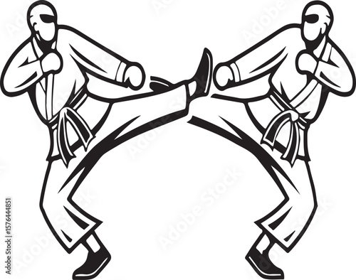 Two karate practitioners executing a dynamic kick in a striking action illustration