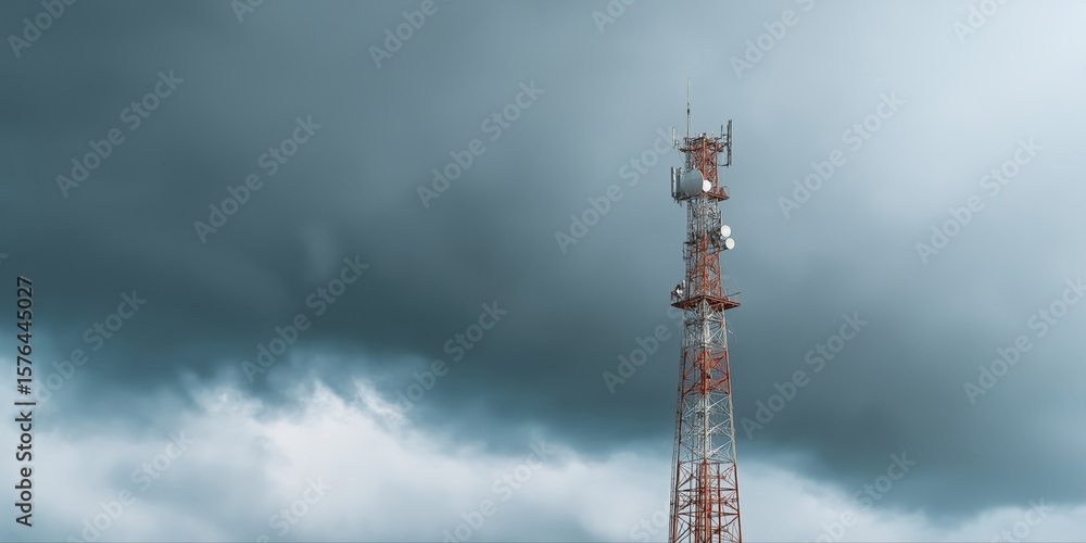 Obraz premium Telecommunication tower against stormy skies: antenna and technology infrastructure