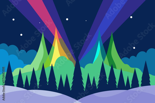 aurora lights casting colors on snowy forest cano