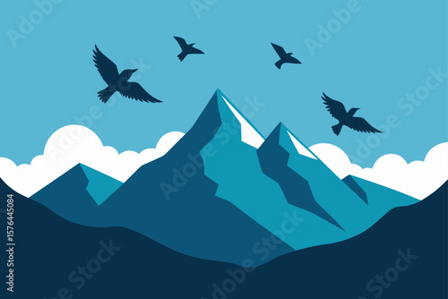 birds flying across alpine sky