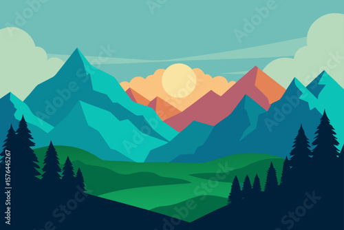 cinematic wide shot of valley and mountain vista