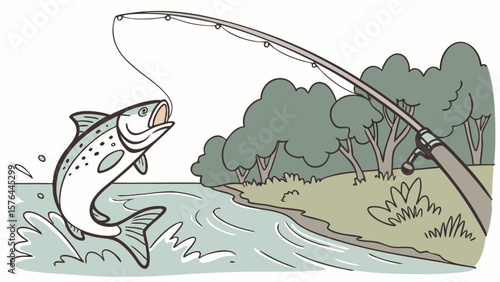 Illustration of a fish jumping out of the water caught on a fishing rod near a river bank scenery