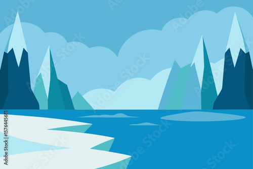  frozen lake beneath towering ice covered cliffs