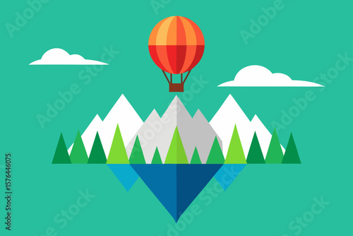 hot air balloon floating over green forest and gla