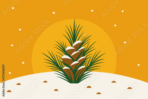  pine needles covered in snow under golden sun