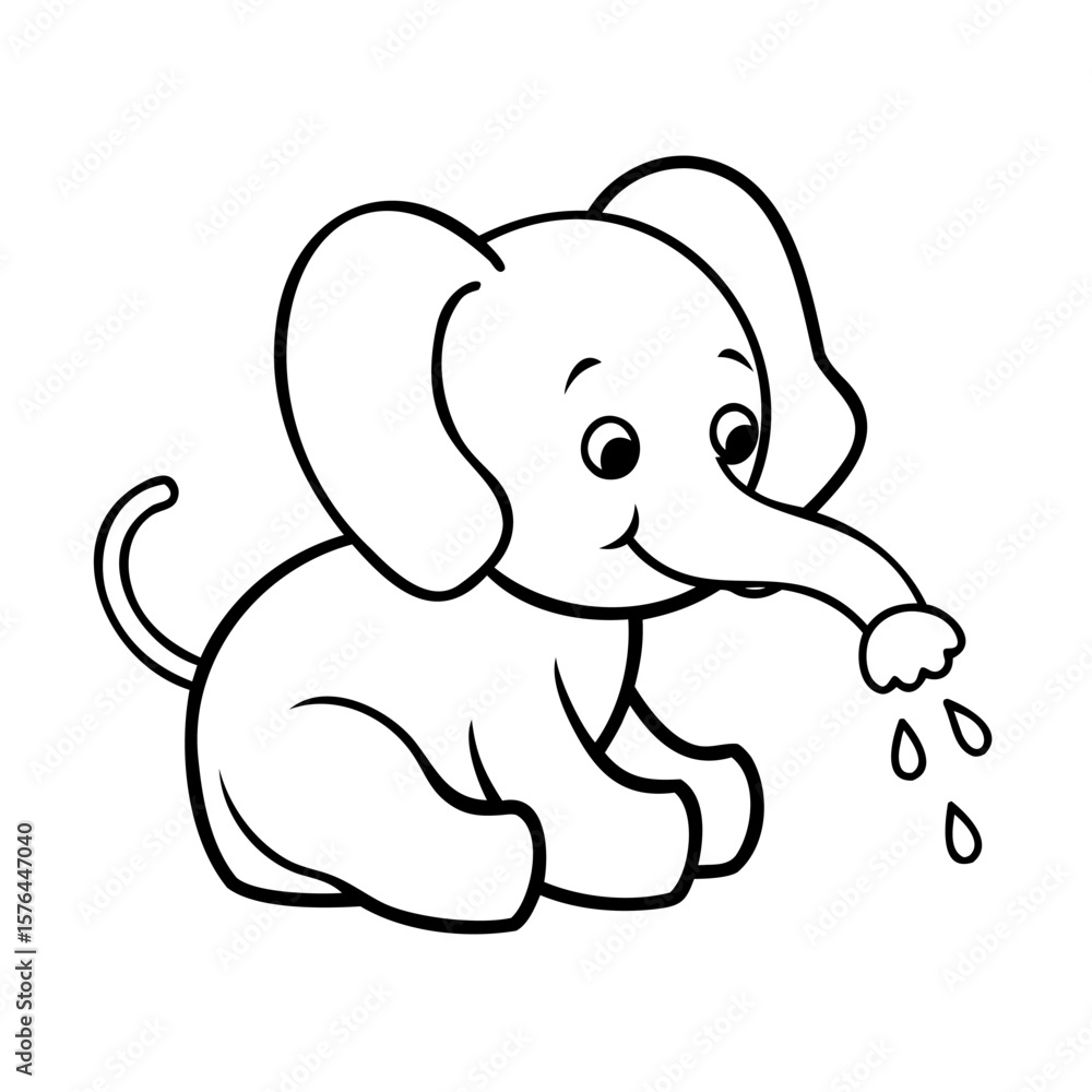 Naklejka premium Handdrawn Cartoon Elephant Sitting Spraying Water from Trunk with Droplets in animal
