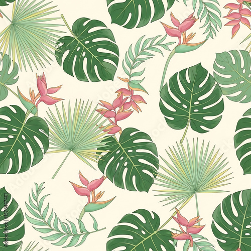 Tropical Seamless Pattern with Monstera and Heliconia - Exotic Botanical Background for Summer Decor or Fashion