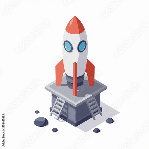 An isometric illustration of a rocket on a small launchpad platform.