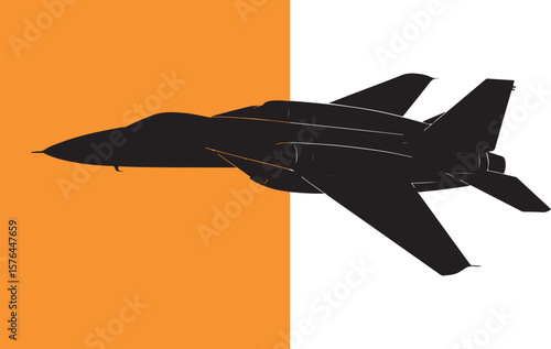 Silhouette illustration of a fighter jet against an orange and white background design