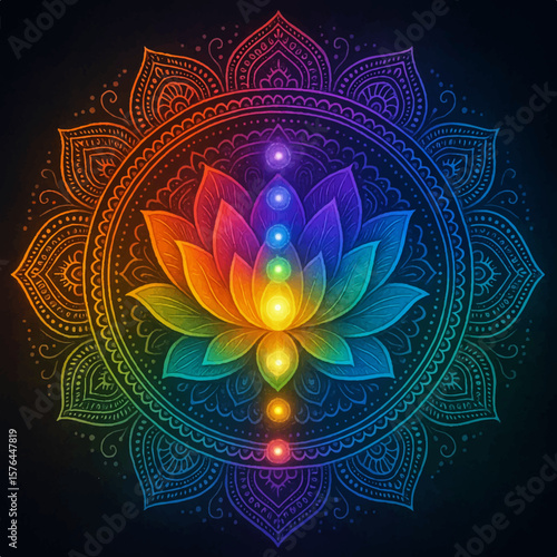 A radiant rainbow lotus flower blossoms with chakra points aligned against a dark, intricate mandala pattern, radiating spiritual energy.