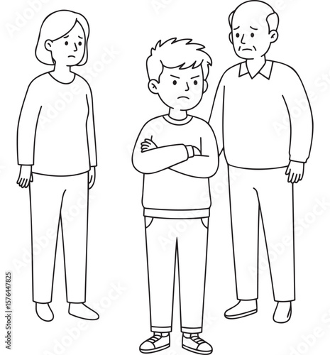 Teenager with crossed arms, upset mood, arguing with parents, line drawing 