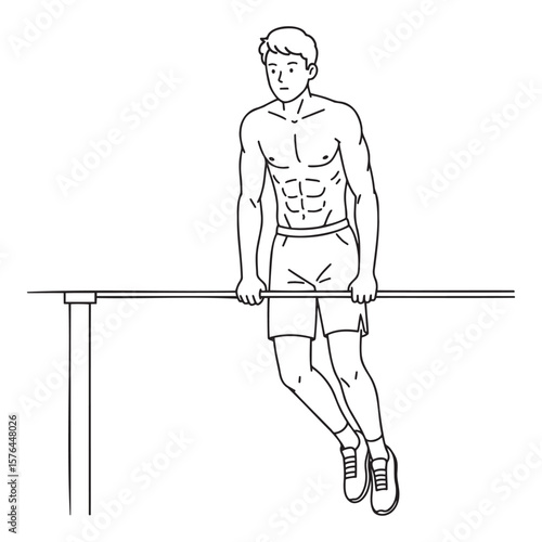 Teenage boy in athletic shorts, strong mood, performing dips on parallel bars, line art illustration